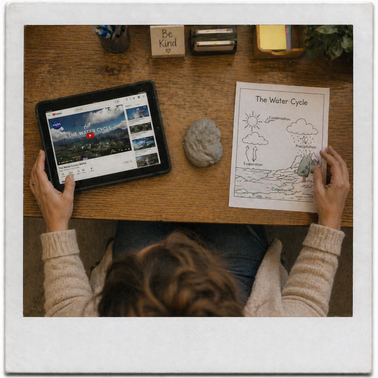 Picking materials — iPad, clay, water cycle diagram