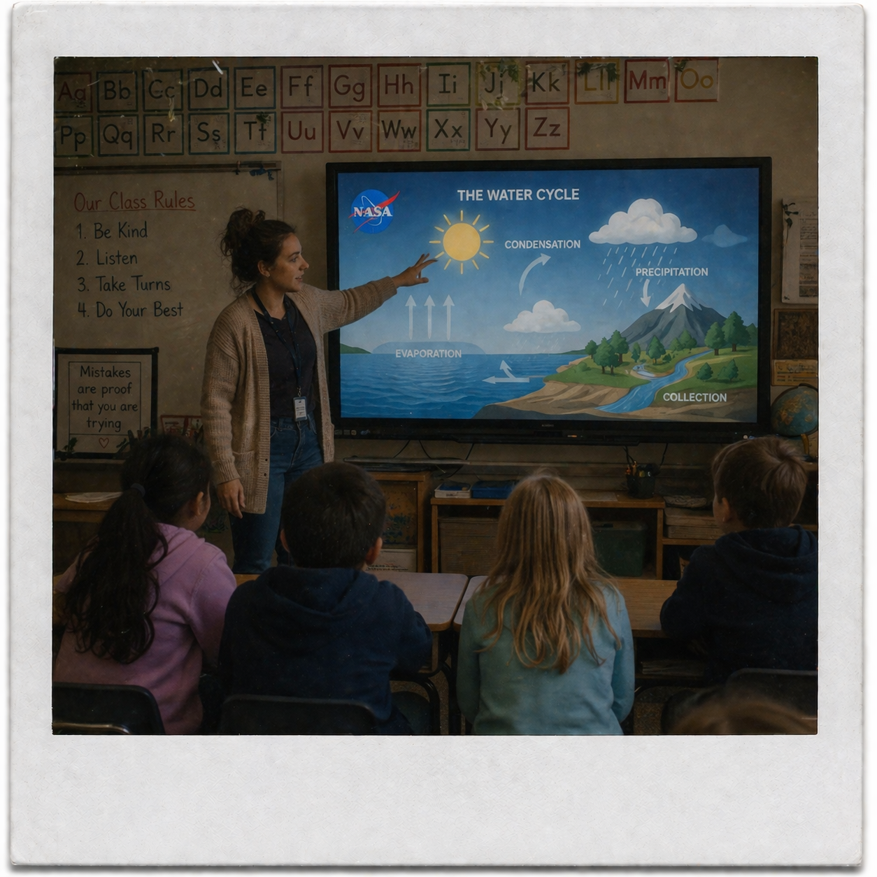 Sarah at the board showing the NASA water cycle