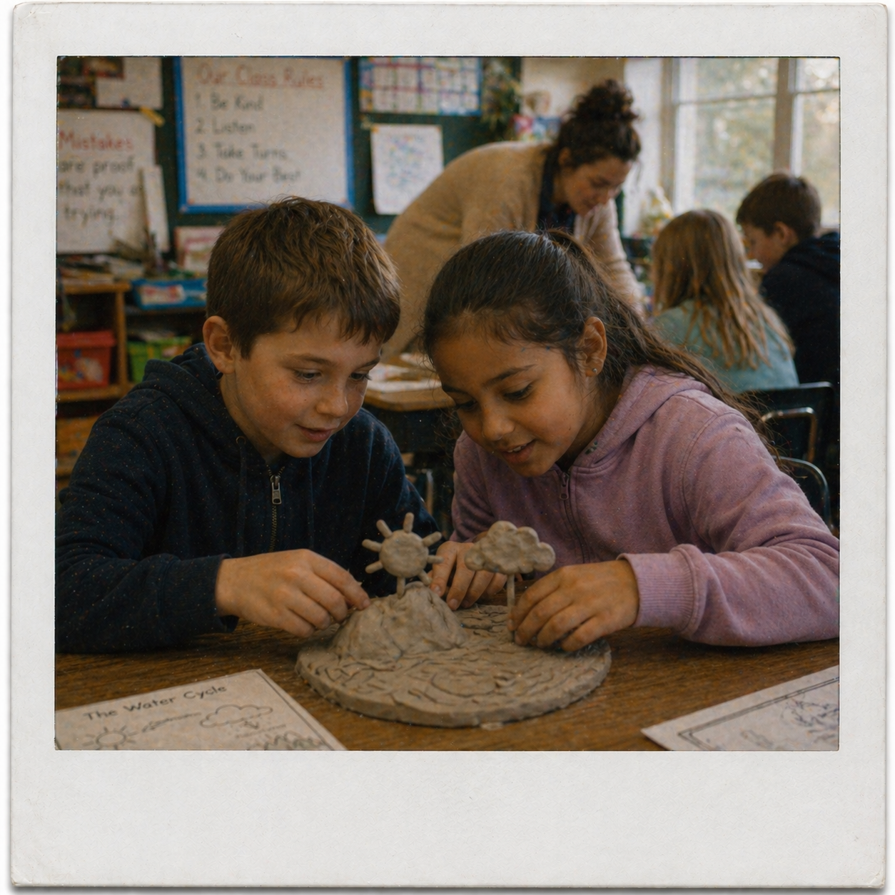Two students building a clay water cycle model